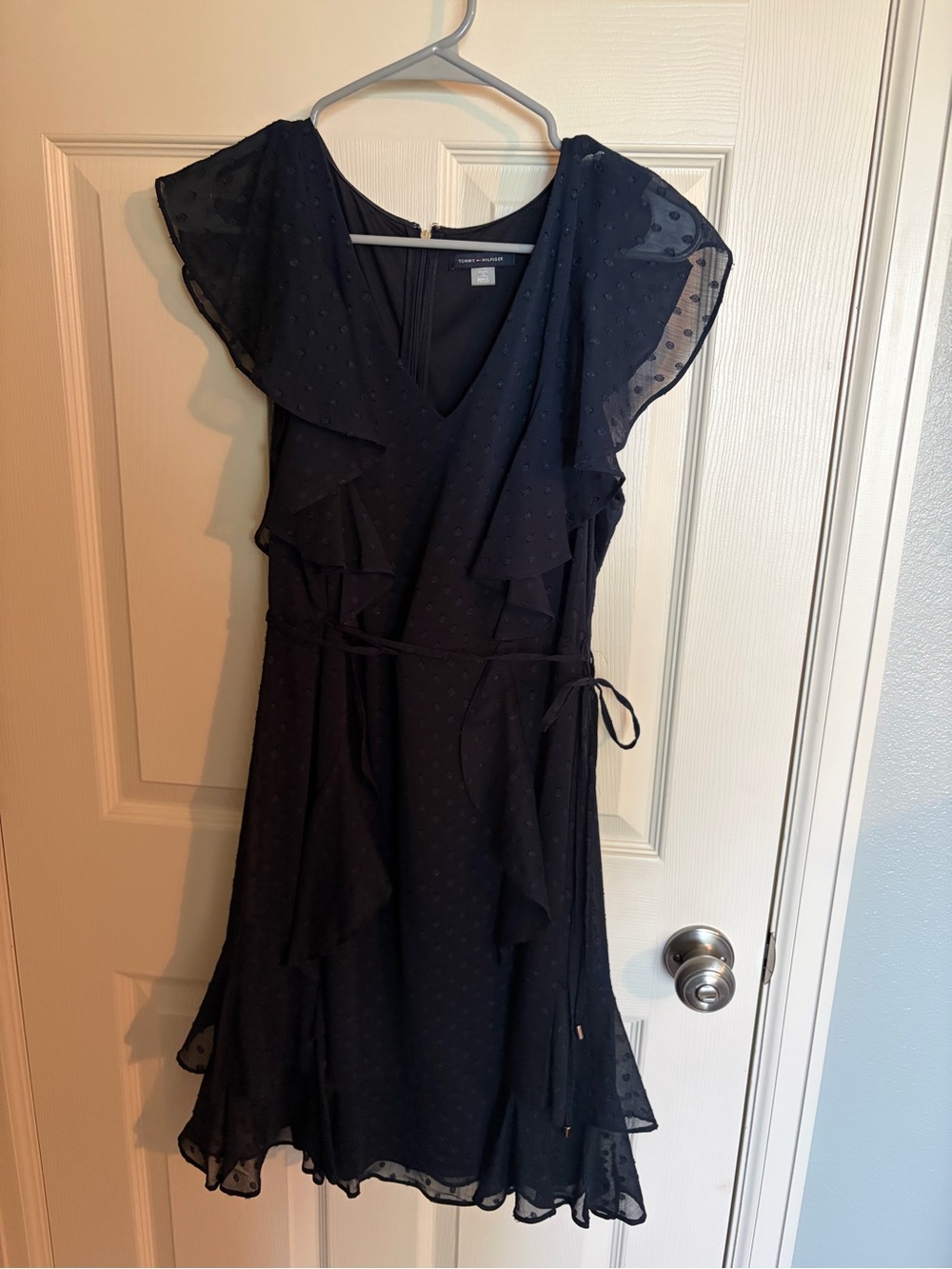Tommy Hilfiger Navy Wrap Midi Dress with Ruffle Sleeves